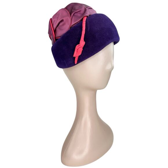 Vintage 1950s Purple Wool Felt Tilt Hat Satin Floral Crown Side Cord Regency main image 6
